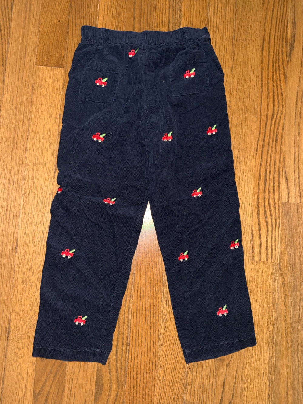 Betti Terrill Navy Corduroy Pants Christmas tree truck embroidery